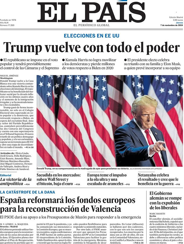 SPAIN: Spain's largest newspaper El Pais focuses on Trump's strengthened mandate from 2016, with the Republican party now holding a majority in both Houses and the Supreme Court