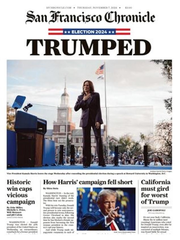 US: The San Francisco Chronicle has a photo of Harris on the front page with one word: 'TRUMPED'