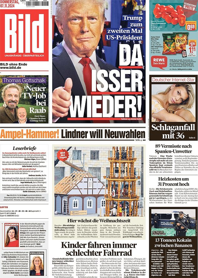 GERMANY: Tabloid Bild has a photo of Trump giving a thumbs up with the headline 'Da Isser Wieder!' or 'There he is again!'