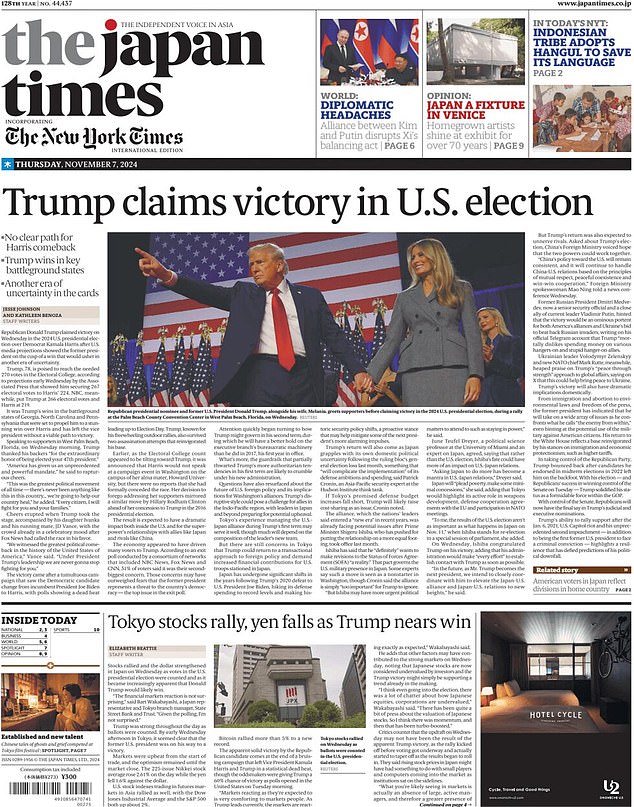 JAPAN: The Japan Times headlined 'Trump claims victory in US election' and said in the sub-headline that this means 'a new era of uncertainty lies ahead'