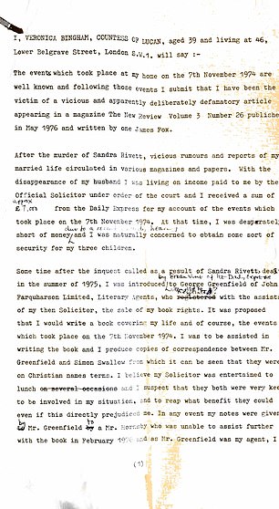 The typewritten letters were discovered by builders working on the family guest house in Belgravia where Lady Lucan, who died last year, moved in 1977. In this letter she writes to her lawyers to instruct them to sue the American magazine The New Review for defamation. a 'defamatory' article