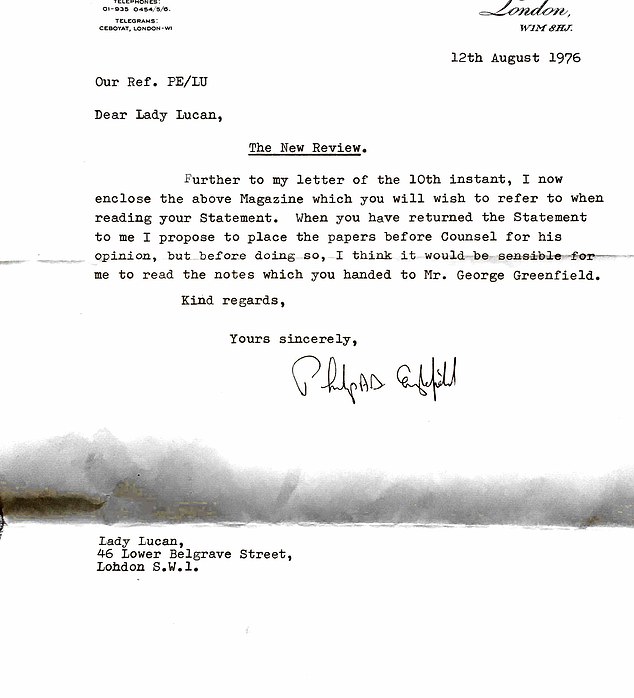 In this letter, Lady Lucan's lawyer responds to her assignment to sue the publishers of The New Review