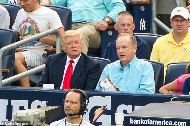 Trump (L) and Bill O'Reilly watch one of Clemens' old teams, the Yankees, in 2012