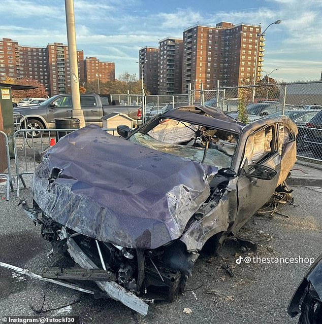 This is Beadle's BMW X5 after the fatal accident on Tuesday. He was driving 'at a high rate of speed' when he lost control, left the road and crashed