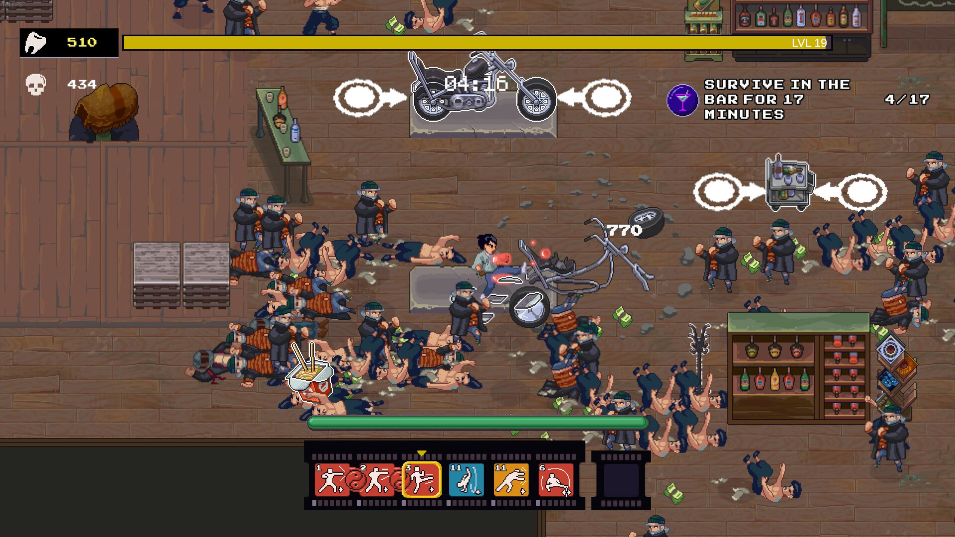 In Karate Survivor, the player character fights in a bar and kicks a motorcycle at enemies