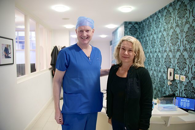 Patient Rebecca Hackworth, 50, pictured with David Allamby, ophthalmologist and director of Focus Clinics, London, who performed her operation