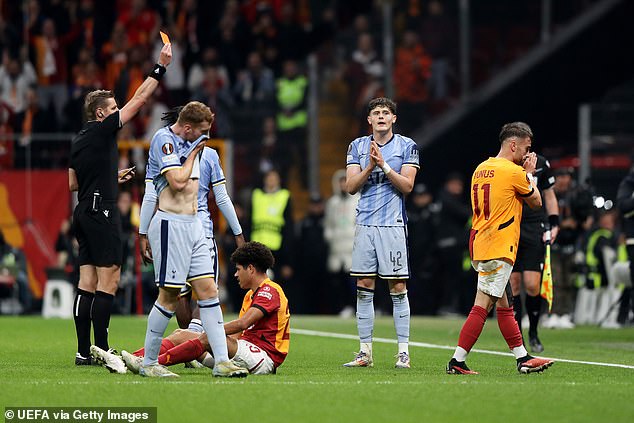 But his evening ended in heartbreak after referee Lawrence Visser gave him marching orders after brandishing a second yellow card following his late tackle on Galatasaray's Gabriel Sara.