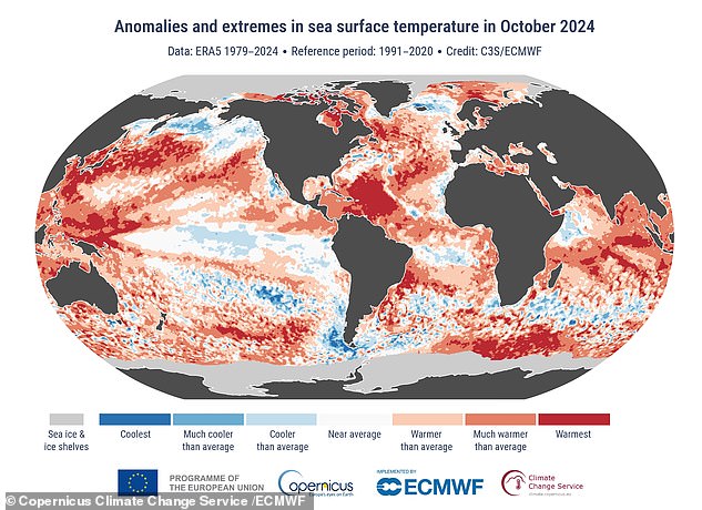 Sea temperatures in October (pictured) were at the second highest level of the month this year. Scientists say warmer seas increase the risk of severe storms and hurricanes over the Atlantic Ocean