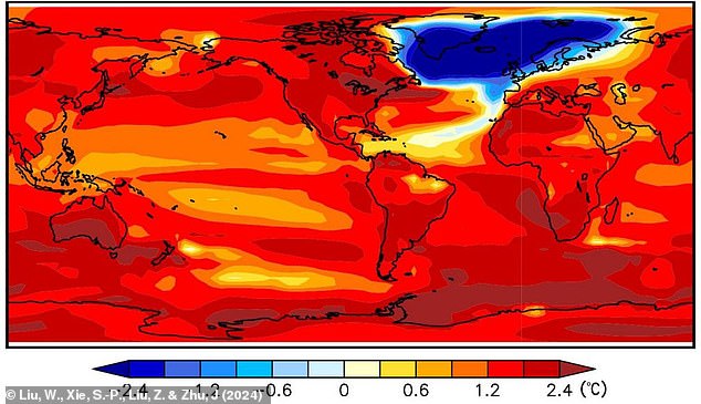 C3S also found that sea ice coverage was 19 percent lower than average. Some research suggests that melting sea ice could lead to the collapse of ocean currents, creating a 'cold bubble' over Europe (pictured) and plunging Britain into a 'new ice age'.