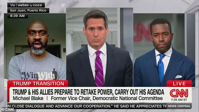 Pro-Kamala Harris guest Michael Blake (left)'s claim about the contributor caused the segment to be abruptly canceled - as their subsequent argument became increasingly heated