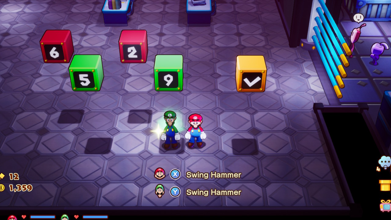 A screenshot from Mario & Luigi: Brothership, showing Mario and Luigi standing under a series of number blocks