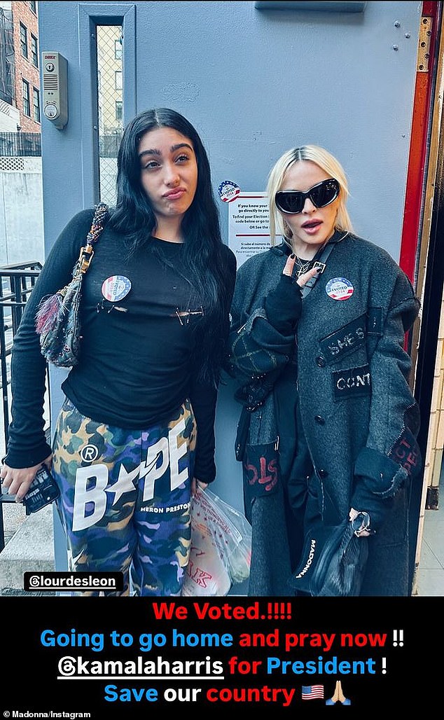 The seven-time Grammy winner was so hopeful about voting for a female president after voting for Kamala Harris in Manhattan on Tuesday with her 23-year-old daughter Lourdes Leon.