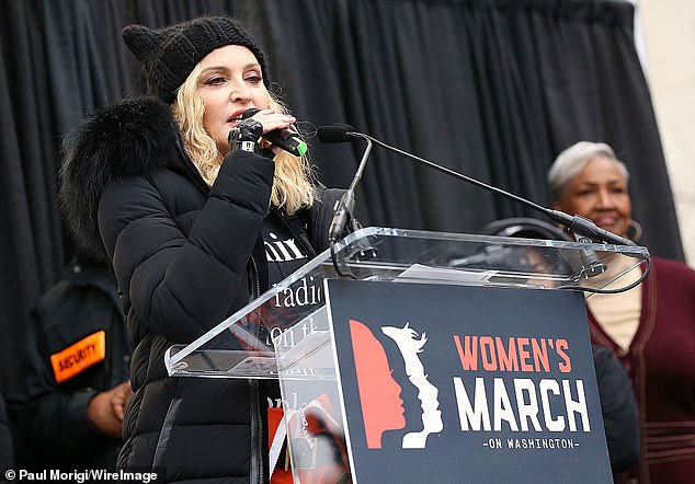 The day after the 78-year-old politician's presidential inauguration in 2017, Madonna said at the Women's March in Washington DC: 'Yes, I am angry. Yes, I am outraged