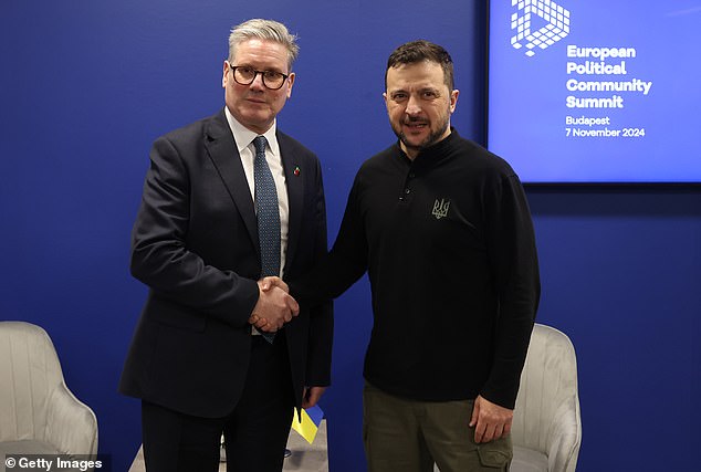 Keir Starmer and Zelensky shake hands during the 5th European Political Community Summit in Budapest