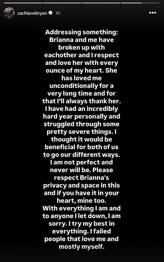 Last month, on October 22, Zach shared a lengthy statement on his Instagram Stories in which he shockingly revealed that both he and Brianna had split - just a little over a year after their relationship was confirmed.