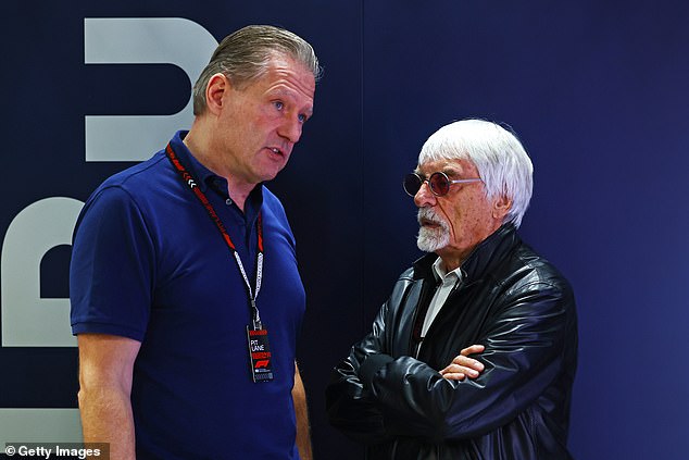 Ecclestone sat down at Interlagos for a friendly chat with Max Verstappen's father, Jos (left)