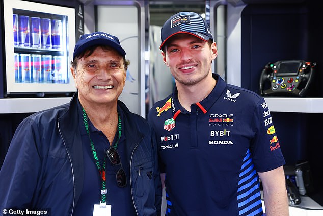 Nelson Piquet (left) returned to the Red Bull camper to watch Verstappen triumph in Brazil