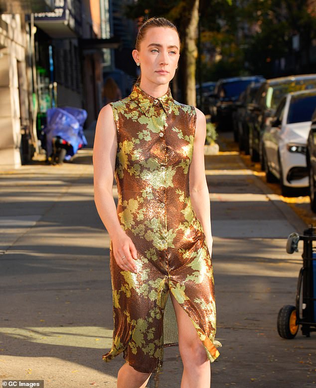 The collared dress shimmered in the light thanks to thousands of delicate brown and gold beads arranged to create beautiful floral motifs