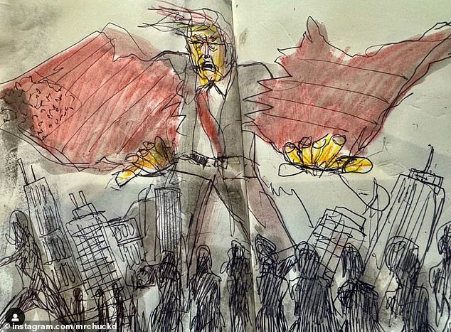 Another sketch by Chuck D appeared to depict Trump tearing up an American flag