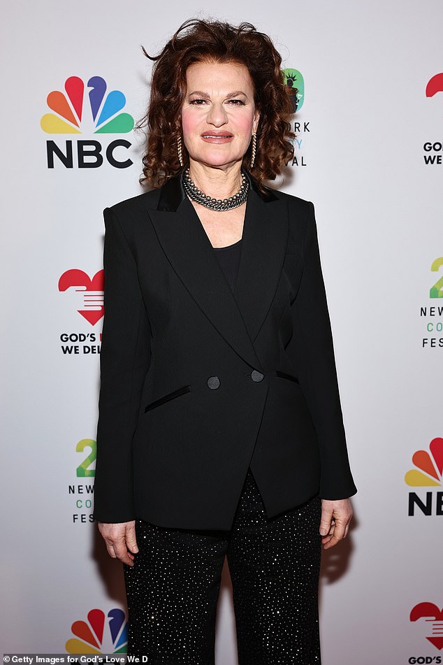 Sandra Bernhard paired her muted black jacket and blouse with sequin trousers, bringing back the vibe of the 1980s when she first became a star comic