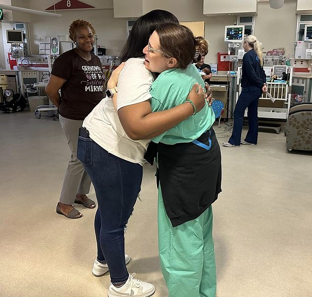 Raylon and his mother received hugs and goodbye waves from the staff on the day he was released from NICU care