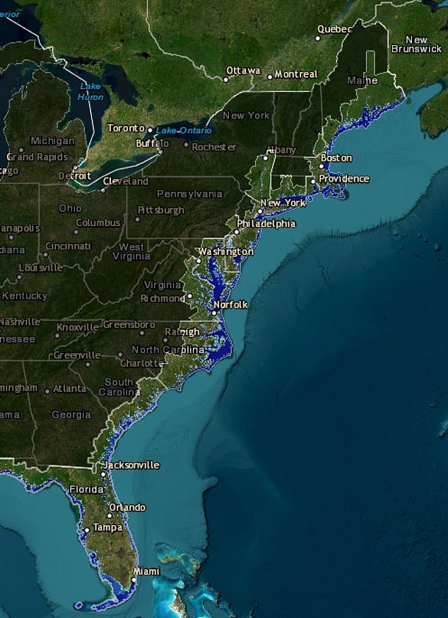 If the Doomsday Glacier and the West Antarctic Ice Sheet melt, global sea levels would rise by 3 meters (pictured shows a rise of only 1.8 meters), leaving coastal cities like New York, Charleston, Atlantic City and Miami would be flooded.