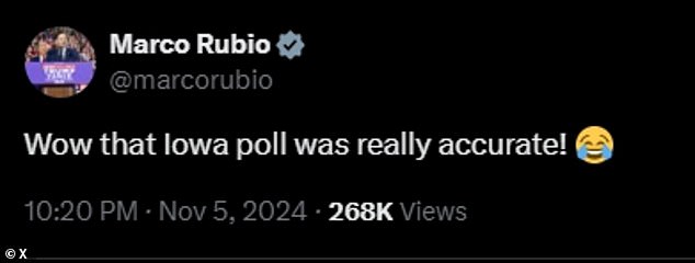 Senator Marco Rubio ripped into the Des Moines Register poll released just days before the presidential election that showed Trump losing to Vice President Kamala Harris