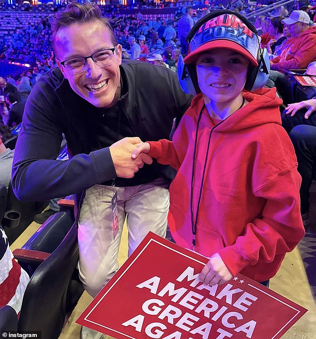 Liam and his family sat just three rows from the candidate podium and also received a shout out from Trump and loud applause from the crowd at the rally