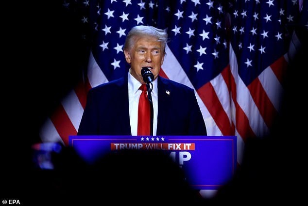 Republican presidential candidate Donald J. Trump addresses supporters at the Election Night Watch party at the West Palm Beach Convention Center in West Palm Beach, Florida, USA.