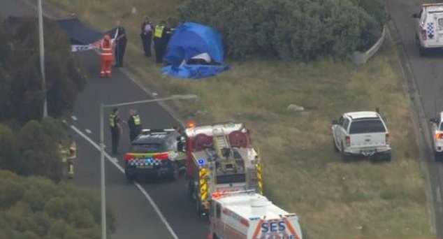 Ms Cutajar was the only person in the vehicle when the metal object hit her car (photo from emergency services on scene on Thursday)