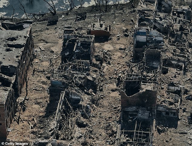 An aerial view shows the destroyed city of Vovchansk in the Kharkov region, near the border with Russia, on October 2, 2024 in Vovchansk, Ukraine