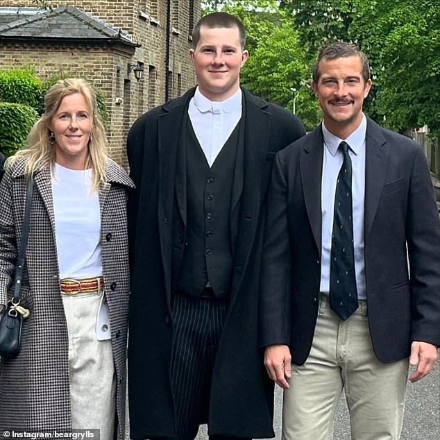 A photo of Bear Grylls and his rarely seen son Marmaduke has emerged as the 18-year-old upstaged the 50-year-old adventurer as they posed for a family photo in April