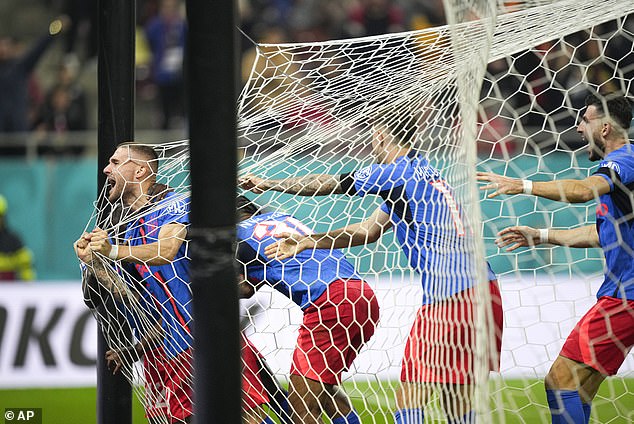 FCSB players celebrated emphatically in the goal after doubling their lead against Midtjylland