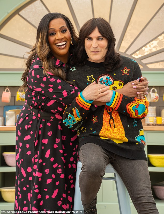 The star famously lost her oven door when she herself appeared on the famous version of Bake Off. Pictured, with Bake Off co-host Noel Fielding