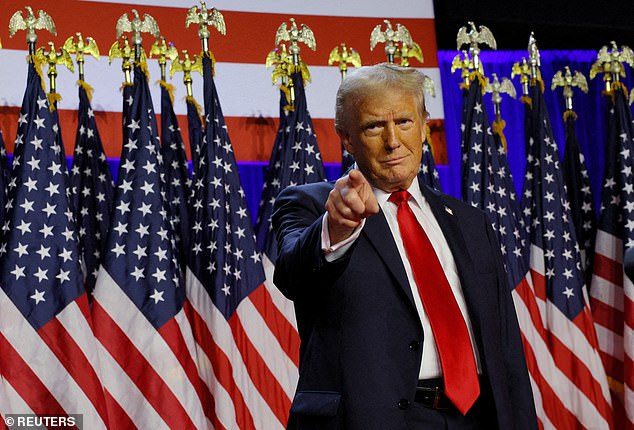 Republican presidential candidate and former U.S. President Donald Trump takes the stage to address supporters during his rally at the Palm Beach County Convention Center in West Palm Beach, Florida, U.S., November 6, 2024