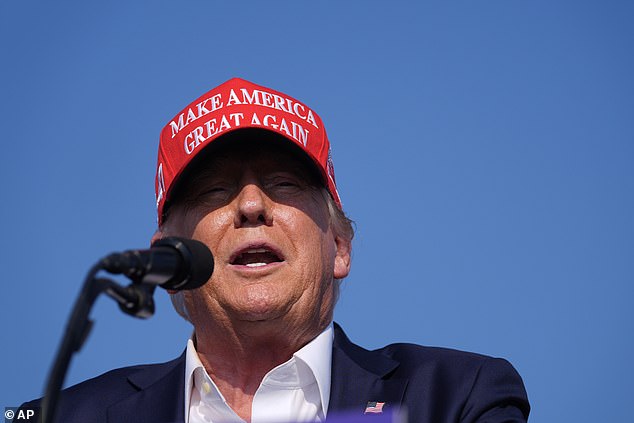 Donald Trump is pictured wearing his signature MAGA hat at a campaign rally in July