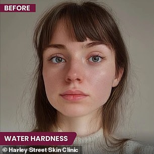 The above is an AI-generated image showing how hard water, or water containing a lot of dissolved minerals, can damage facial skin