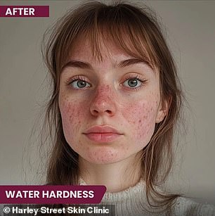 The above is an AI-generated image showing how hard water, or water containing a lot of dissolved minerals, can damage facial skin