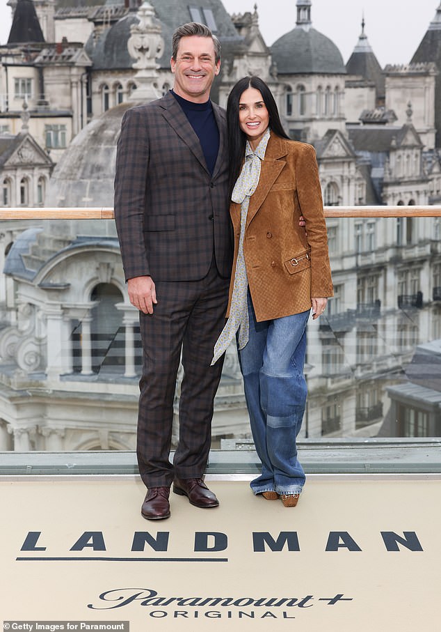 The actress was in London to promote her role in the Paramount+ drama, and was joined by Jon Hamm who plays her on-screen husband Monty Miller.