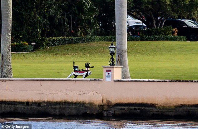 The black and white robot dog patrolling Friday appeared to have a camera to monitor the area