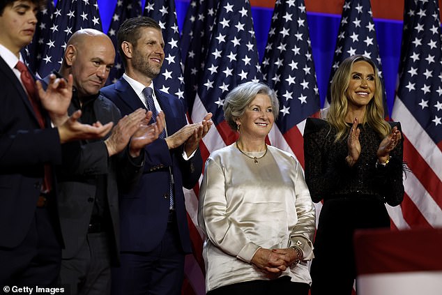 Susie Wiles (second from right) stands next to members of newly elected President Donald Trump's family, including son Eric (center left) and daughter-in-law Lara. Dana White (second from left), the CEO of UFC, was also on stage