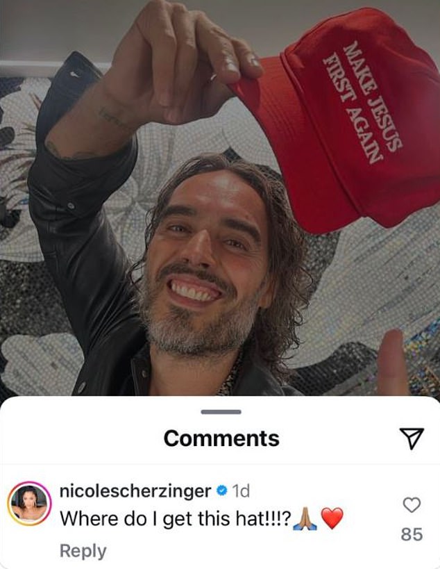 The former Pussycat Dolls member responded to British comedian Russell Brand's post with a MAGA-style hat