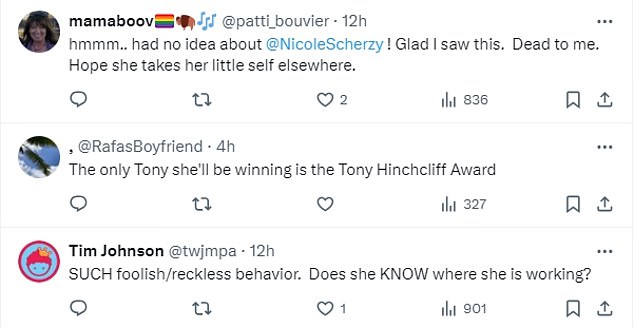 Angry liberals suggested Scherzinger may have jeopardized her chances of winning a Tony for her Broadway debut