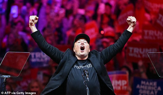 Elon Musk, CEO of Tesla and SpaceX, gestures as he takes the stage during a rally for former US president and Republican presidential candidate Donald Trump at Madison Square Garden in New York, October 27, 2024