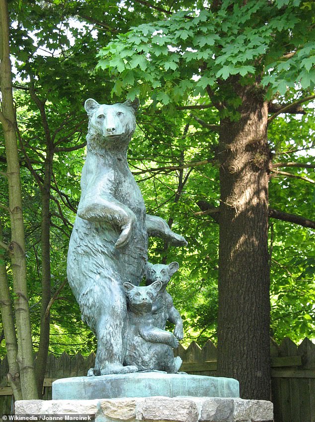 A sculpture of a mother bear and cubs at the entrance to Huntington State Park in Redding, Connecticut - 8 miles from the alleged Bigfoot audio event. In 2023, bears were reported from people in 165 of the state's 169 towns and cities, according to a state FAQ