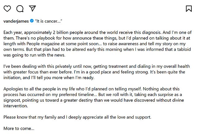 The Rules of Attraction alum shared the news that he had been diagnosed with cancer via Instagram on Sunday