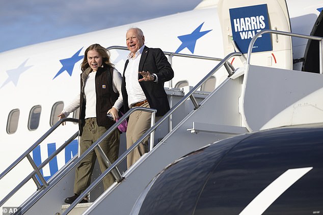 Hope Walz steps off a campaign plane with her father, Governor Tim Walz, for a stop in Pennsylvania