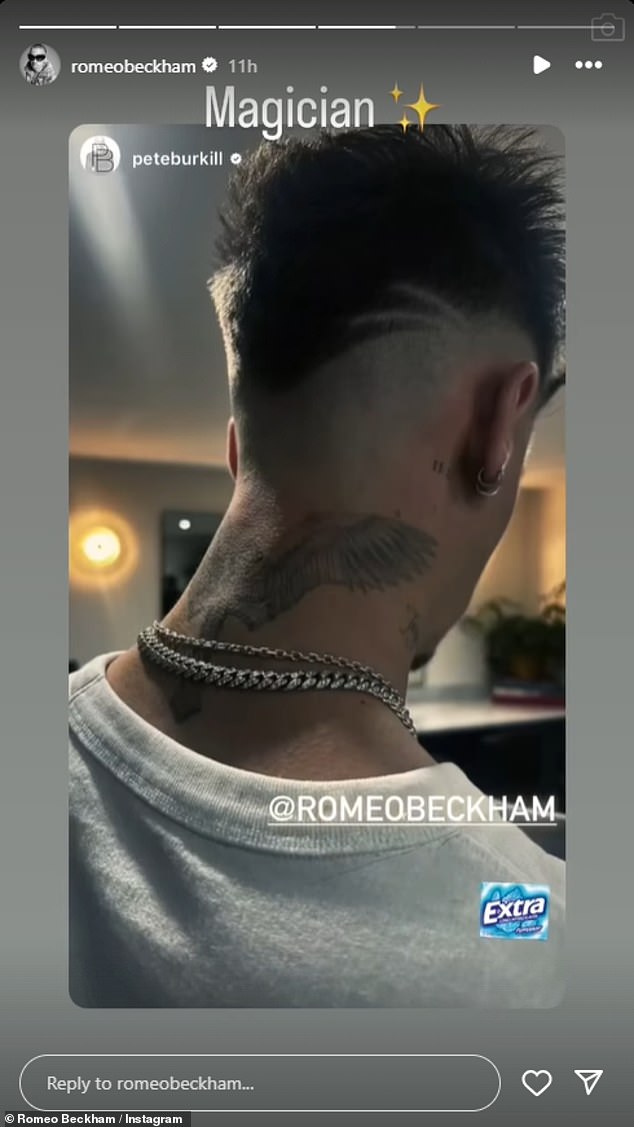 The 22-year-old son of David and Victoria Beckham showed off a tattoo of large wings on his neck, while letters ran down his spine