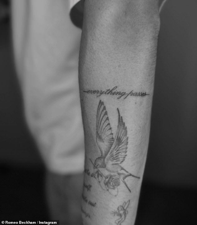 He also had an image of a bird with a rose in its beak and on his other arm the words: 'Everything passes'