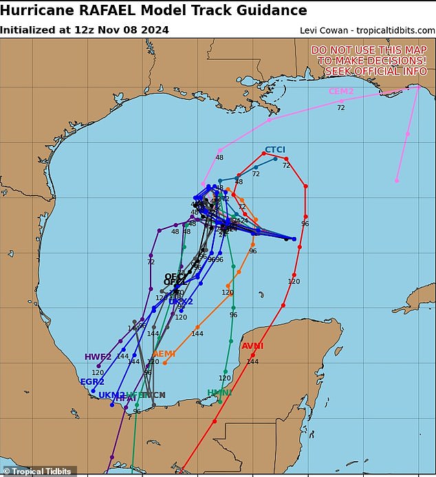 The models released today show one path to Florida, which has the lowest probabilities, but NHC's update shows that Rafael is expected to move across the central Gulf of Mexico in the coming days.”